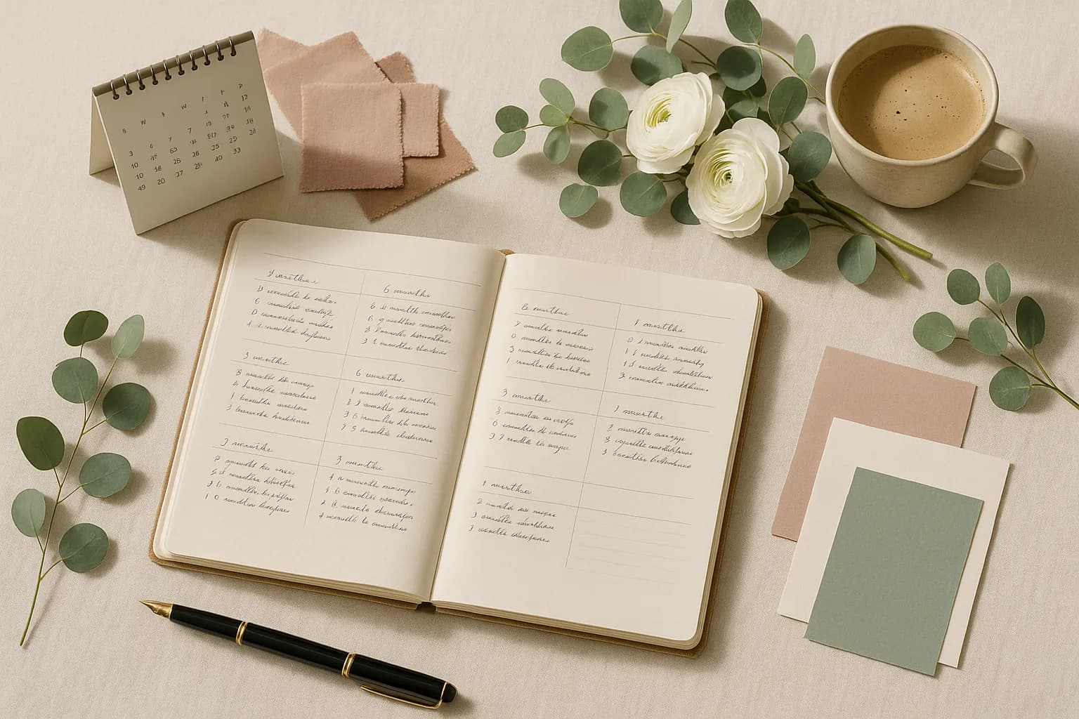 Cuaderno de planificación de boda con timeline mes a mes, calendario y muestras de color