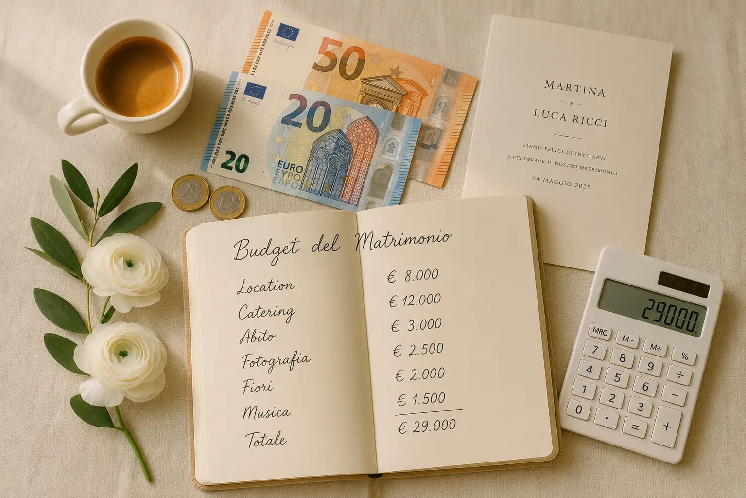 Quaderno con il budget di un matrimonio in euro, calcolatrice, partecipazione e fiori
