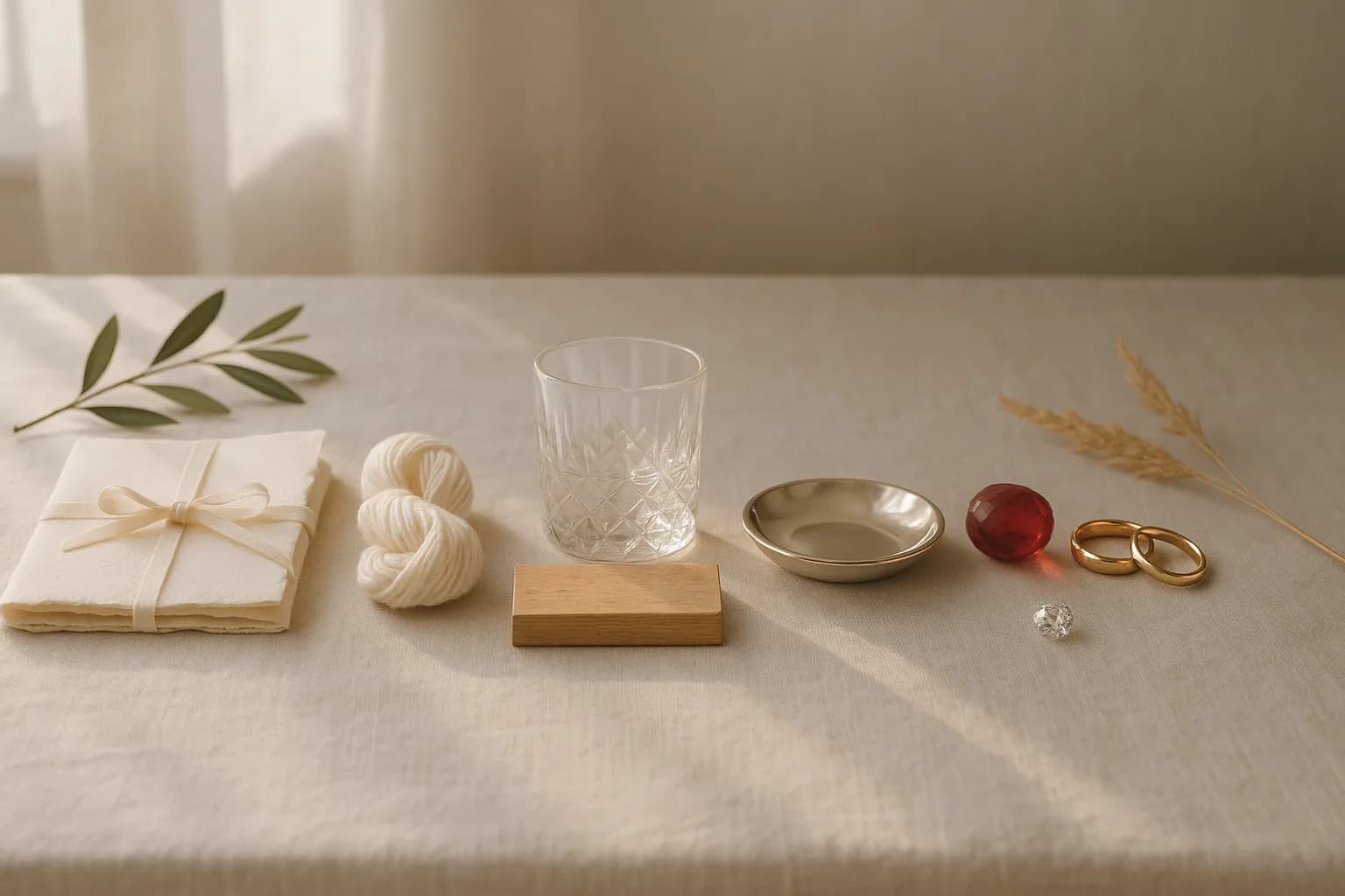 Materiais das bodas de casamento lado a lado: papel, algodão, madeira, cristal, prata, rubi, alianças de ouro e diamante