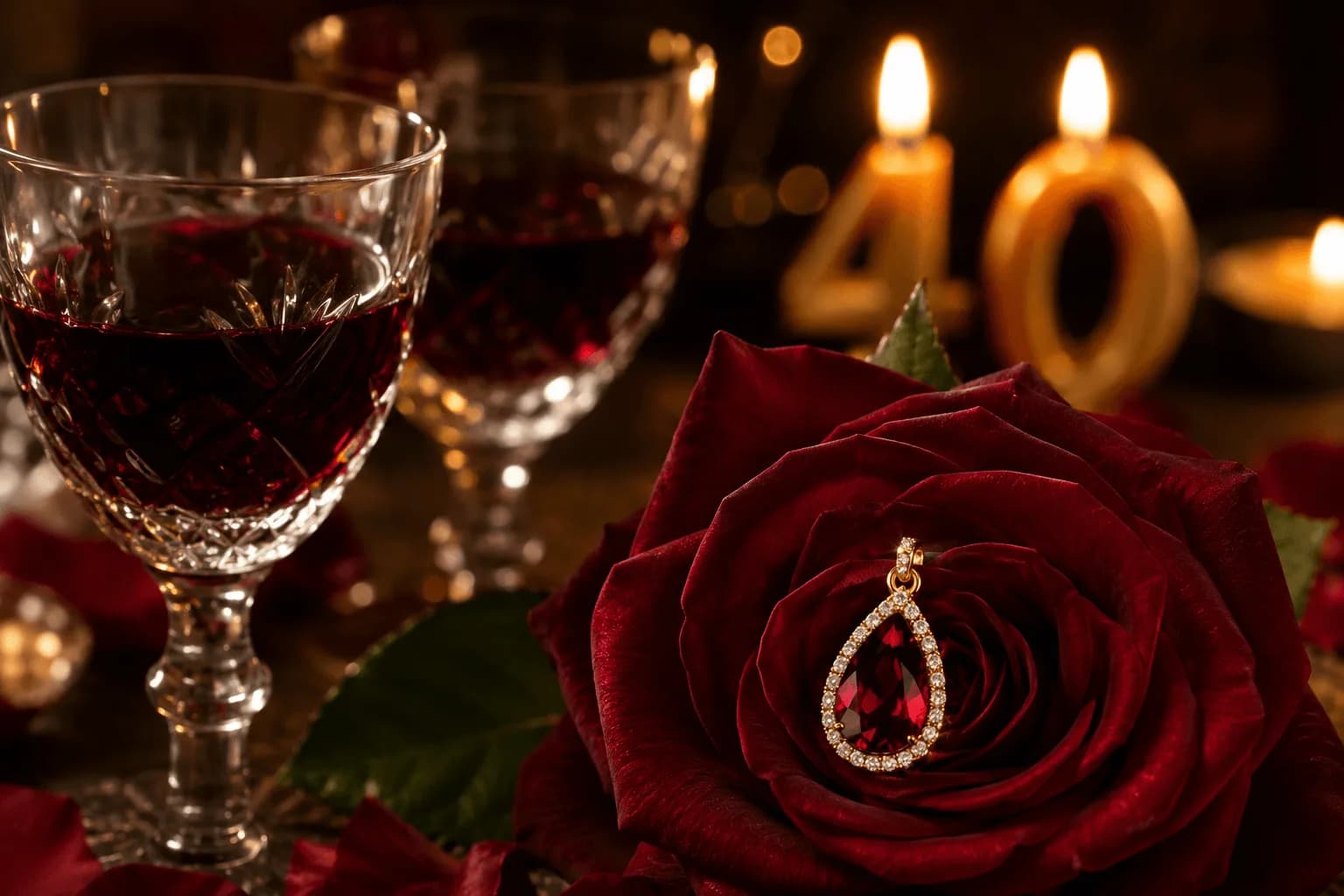 Ruby jewelry and red roses celebrating a 40th wedding anniversary