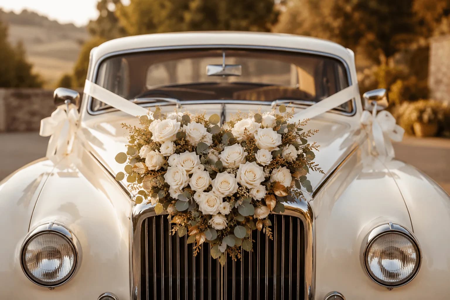 Mit weißen Blumen und Satinschleifen geschmücktes Hochzeitsauto