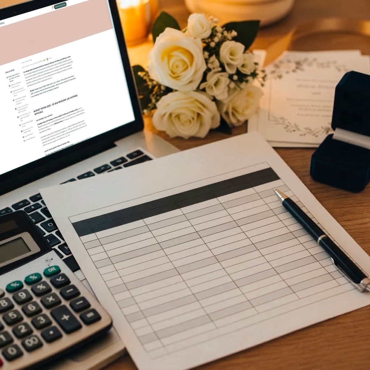 Couple préparant le budget de leur mariage autour d'un carnet, d'un ordinateur et d'inspirations