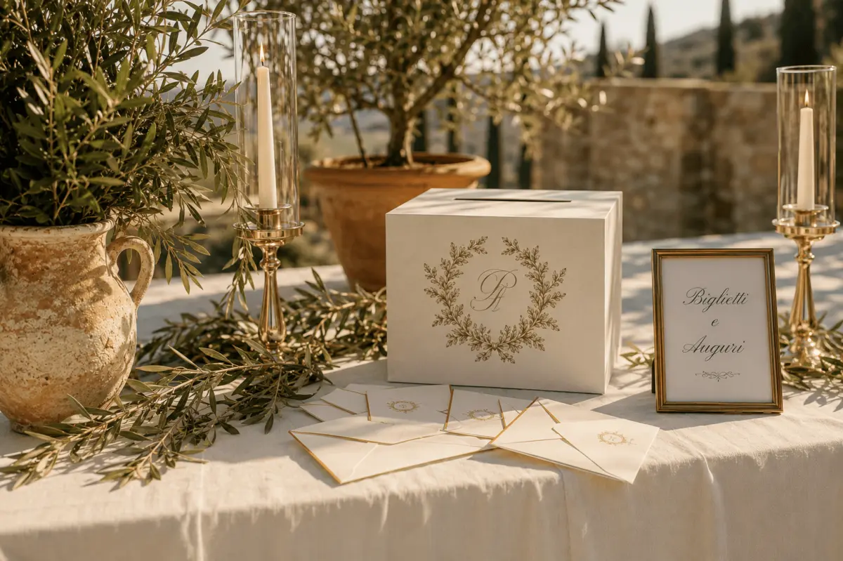 Tavolo di un ricevimento di matrimonio italiano con cassetta per le buste, tradizioni regionali Nord Centro Sud