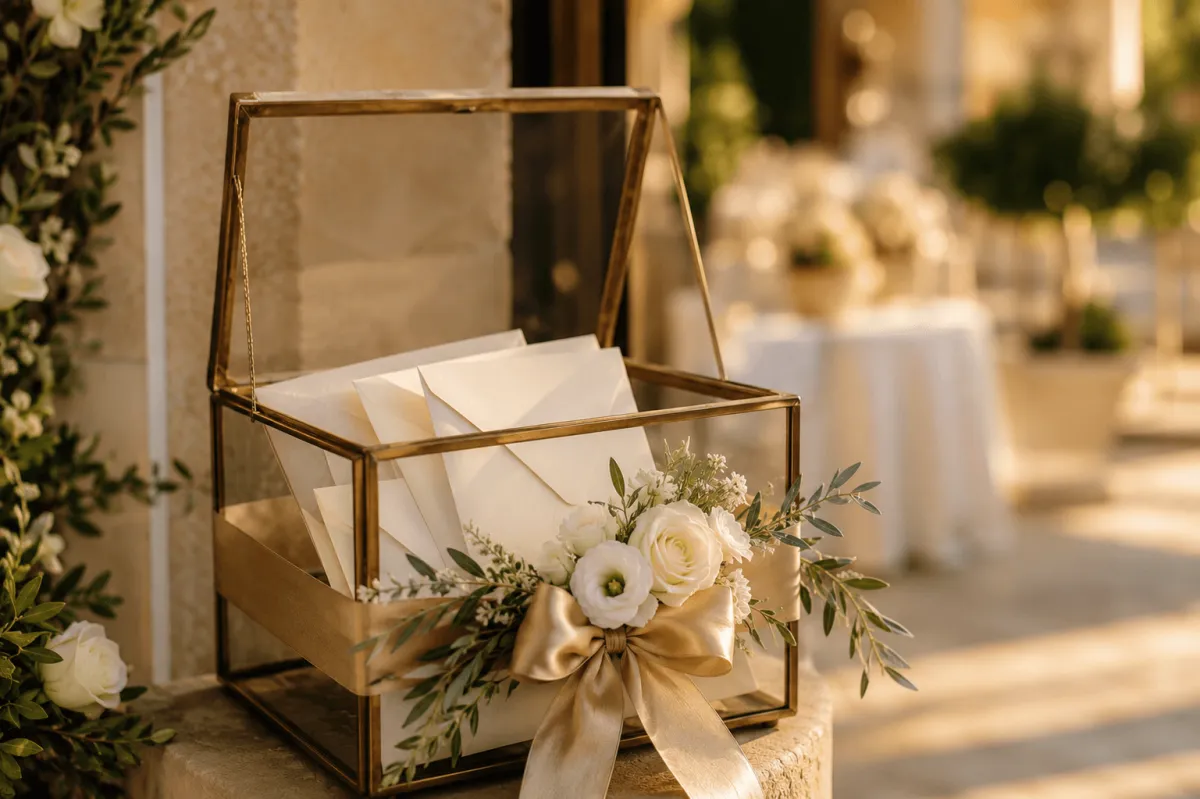 Busta matrimonio deposta nella cassetta decorativa all'ingresso del ricevimento