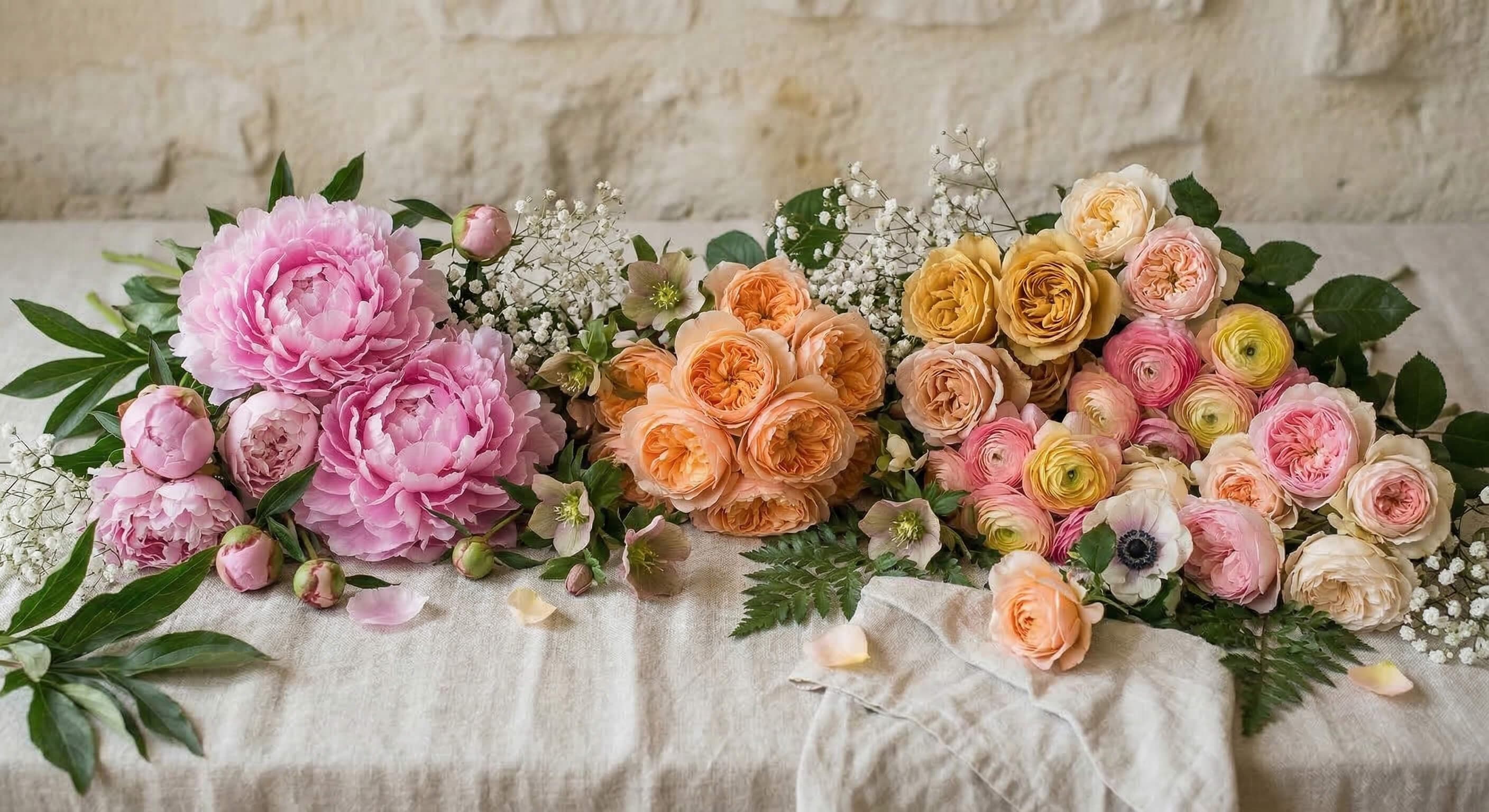 Bouquet de pivoines et fleurs de saison pour illustrer le choix des fleurs de mariage
