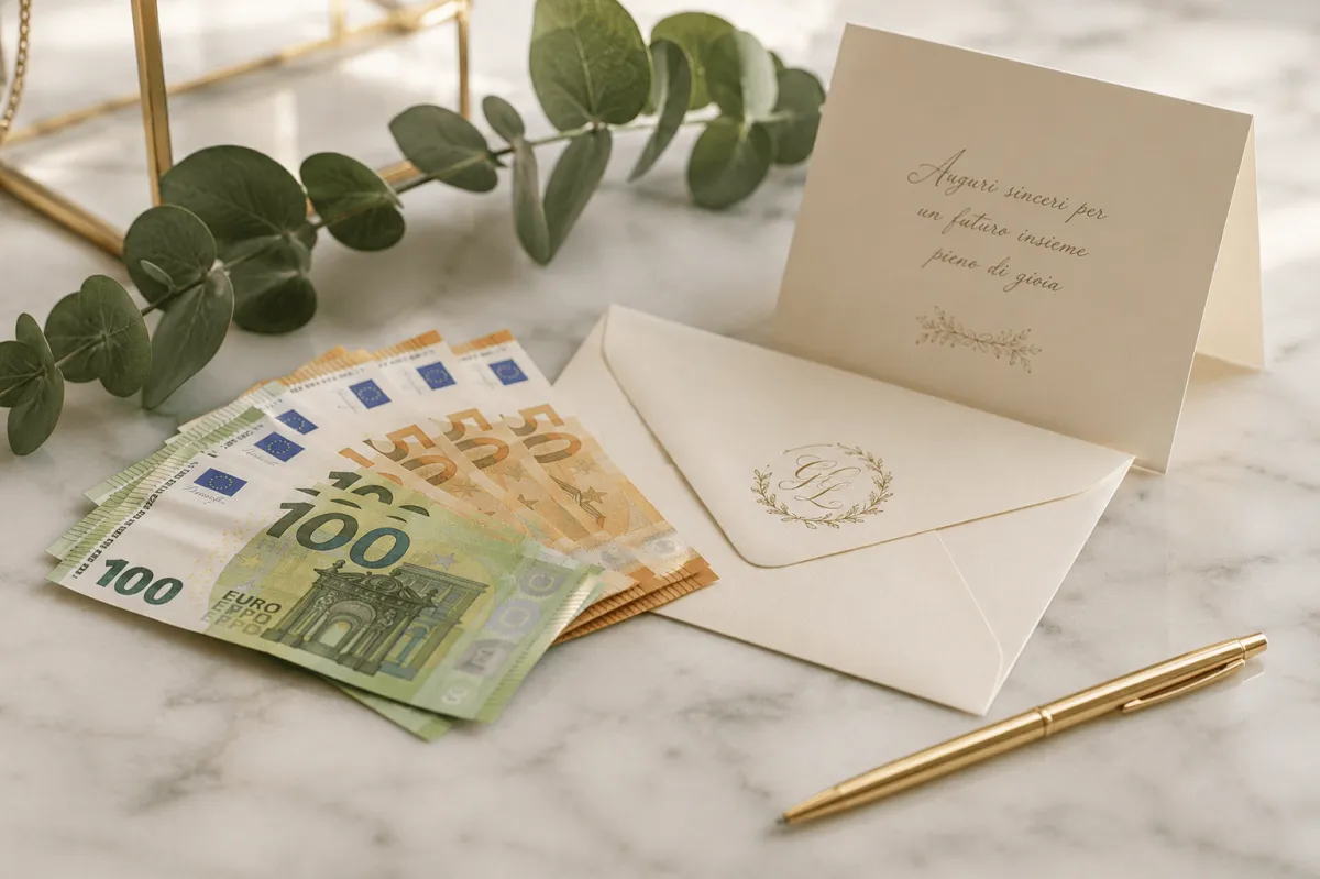 Banconote in euro e biglietto di auguri accanto a una busta matrimonio elegante, importi consigliati per relazione