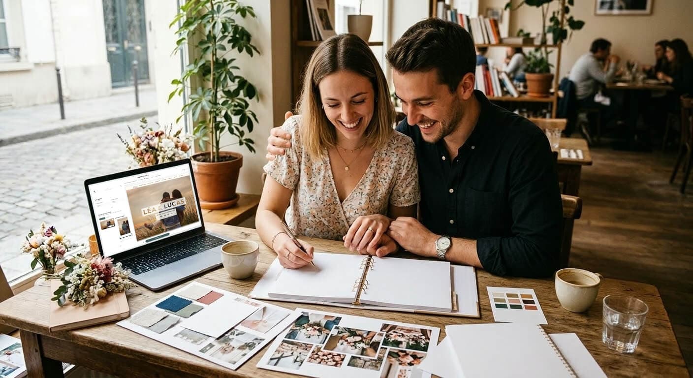 Couple organisant leur mariage dans un café parisien avec moodboard, échantillons et site Anatole