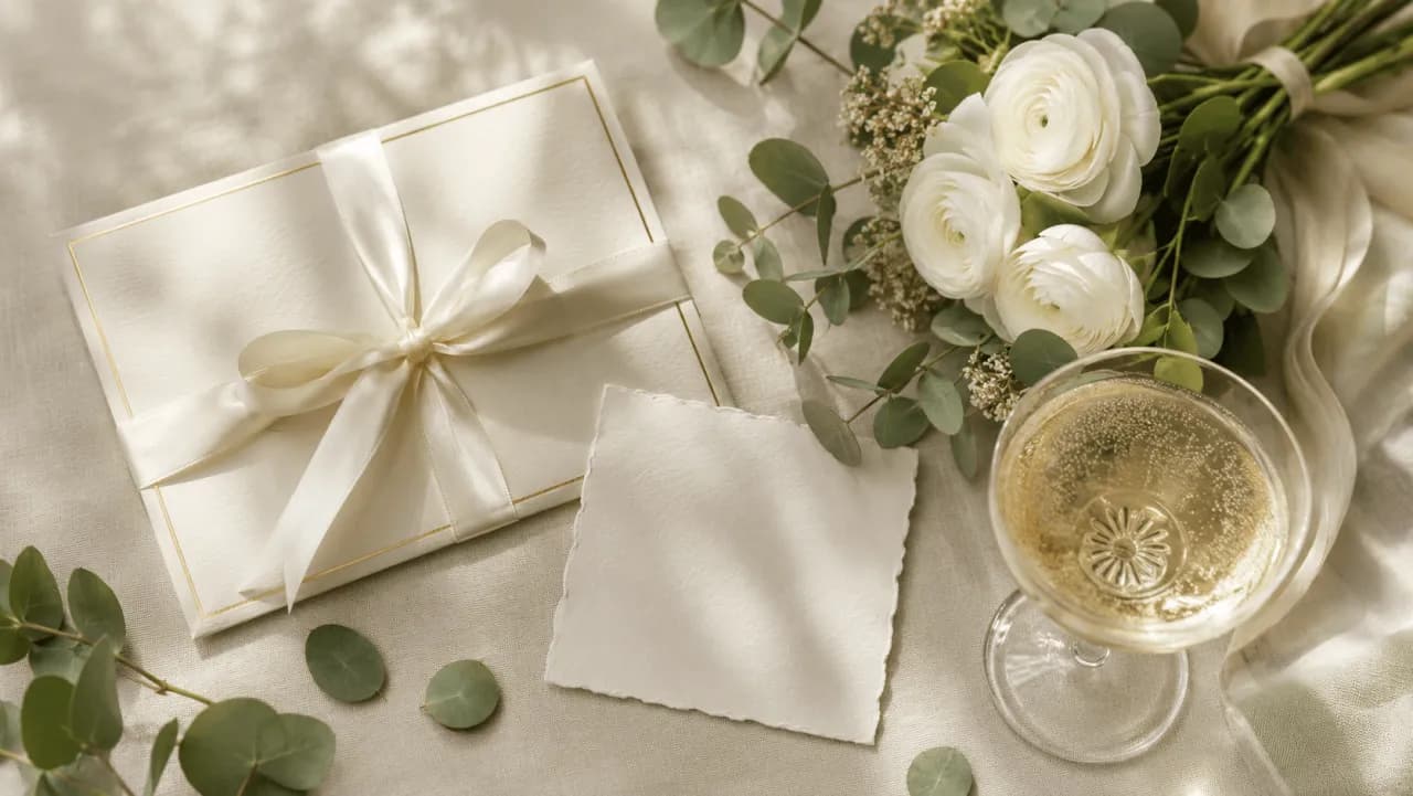 Geldgeschenk, Glückwunschkarte und Blumen zur standesamtlichen Hochzeit