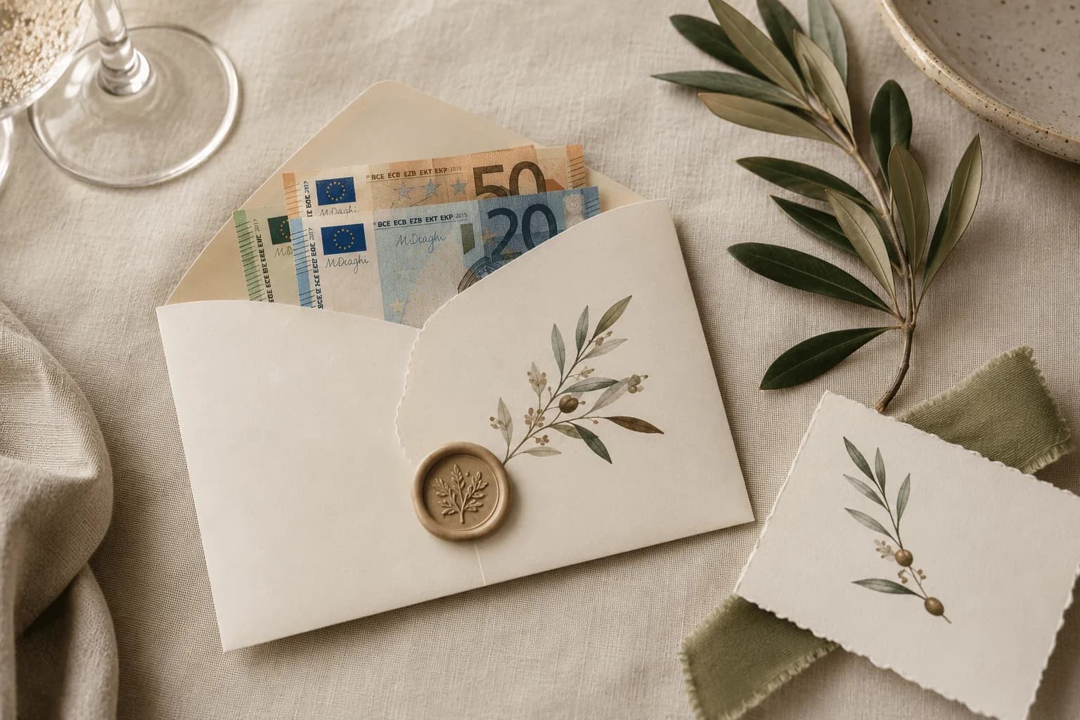Sobre de boda de un familiar con billetes de euro, rama de olivo y sello de cera sobre mantel de lino
