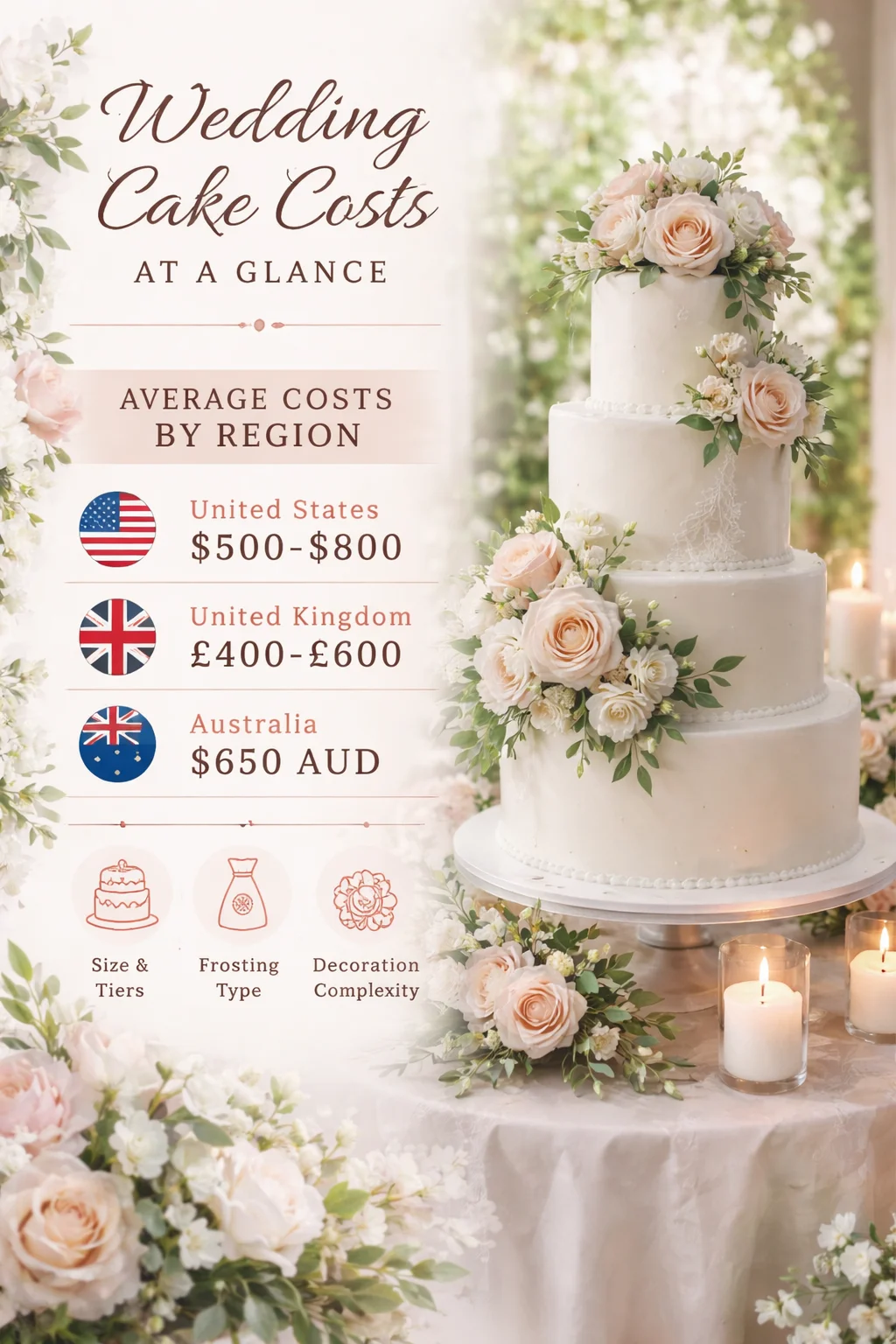 Wedding cake pricing varies by region and design complexity